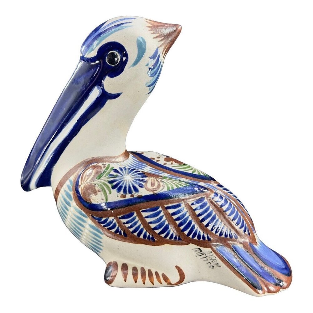 Vintage Hand Made Mexico Folk Art Pottery Tonala Bird Large Figurine‎ Signed VTG